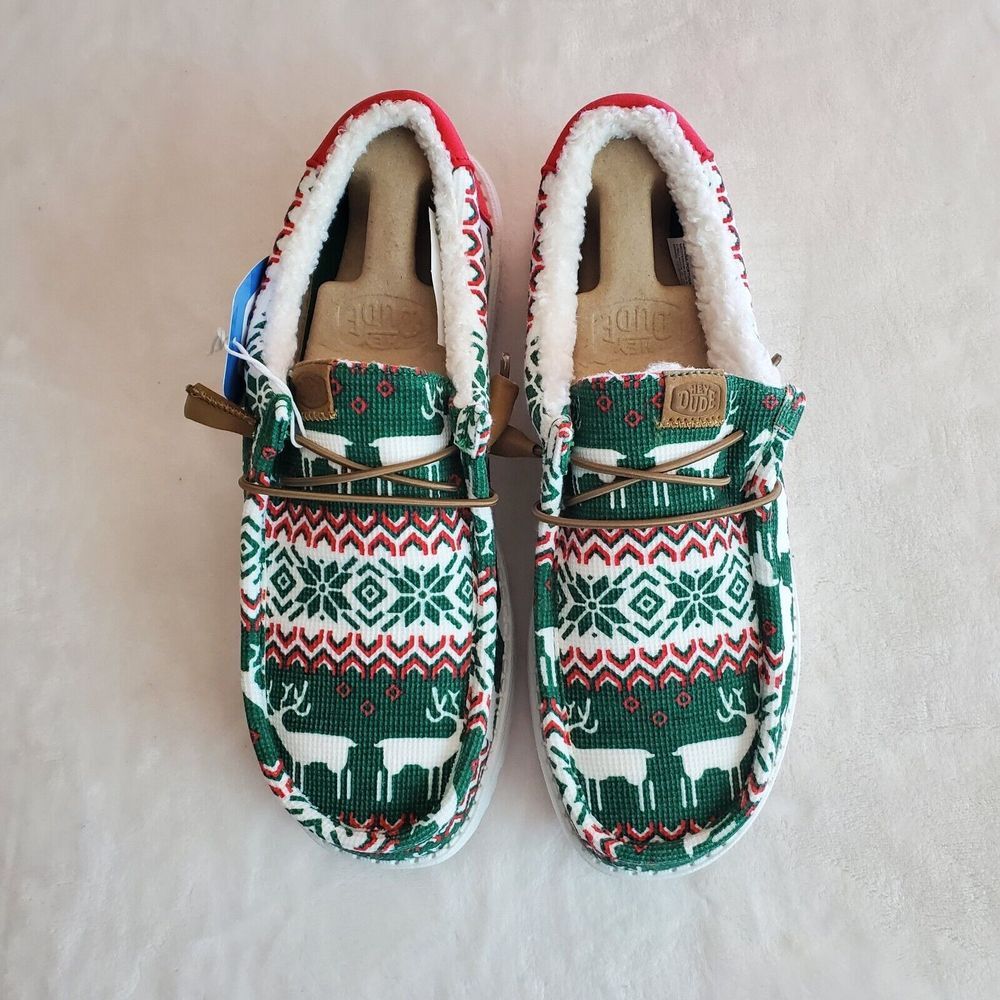 Hey Dude Wally‎ Ugly Sweater Lined Shoes Men's Size 10 Green Christmas Reindeer